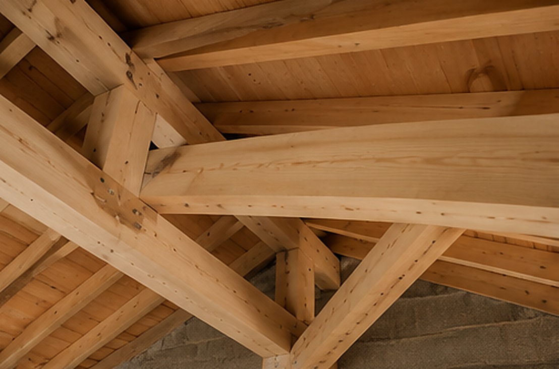 Assemblage de charpente en bois, vue intérieure